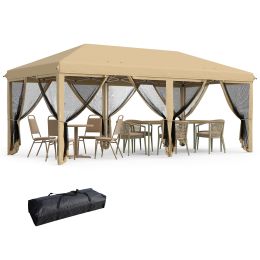 Outdoor Entertaining: 10x20' Beige Pop-Up Canopy Tent with Netting Sidewalls