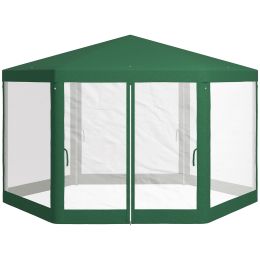 13' x 11' Outdoor Party Tent, Hexagon Sun Shade Shelter Canopy w/ Protective Mesh Sidewalls, Ropes & Stakes, Green